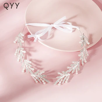 QYY Módne Leaf Drahokamu hlavový most pre Ženy Príslušenstva, Perla Strieborné Farba Vlasov Šperky Prom 2020 Svadobné Headpiece Dary