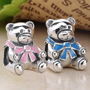 Originálne Ružové & Modré Smalt Baby Boy & Girl Luk Medveď Perličiek Fit 925 Sterling Silver Perličiek Kúzlo Náramok Náramok DIY Šperky