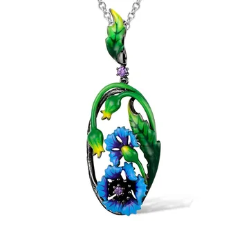 Bohemia Šperky Modrá Daisy Black Gold Náhrdelník Prívesok pre Ženy Bud Leaf Modrá Zelená Smalt Kúzlo Reťazca Náhrdelník Boho Šperky
