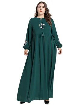 Pevné Tmavo Zelená Moslimské Oblečenie S Dlhým Rukávom Výšivky Vysoký Pás Skladaný Maxi Župan Musulmane Longue Boho Plážové Šaty Veľká Veľkosť