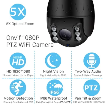 1080P PTZ Wifi Kamery Vonkajšie 2MP 5X Optický Zoom, 2.7-13.5 mm Objektív PTZ Speed Dome IP Kamera 1080P KAMEROVÝ Bezpečnostný Bezdrôtové Kamery