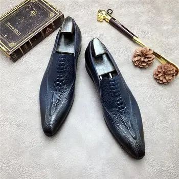 Čierna Modrá Mužov Luxusné Šaty Topánky Talianskej Mužov Business Svadobné Pošmyknúť Na Pravej Kože Formálnej Strany Oxfords Špicatou Špičkou Topánky
