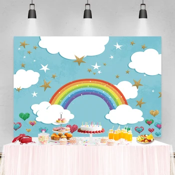 Laeacco Narodeninovej Party Pozadia Oblohy Oblakmi Rainbow Hviezdy. Baviť Sa Balóny Deti Novorodenca Fotografie Prostredí Baby Sprcha Photocall