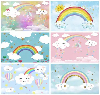 Laeacco Narodeninovej Party Pozadia Oblohy Oblakmi Rainbow Hviezdy. Baviť Sa Balóny Deti Novorodenca Fotografie Prostredí Baby Sprcha Photocall