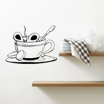 Kreslená Myš Stenu Odtlačkový Šálku Kávy, Čaju Kaviareň v Kuchyni Reštaurácie Dezert Obchod Výzdoba Interiéru Vinyl Okno Nálepky Umenie E735