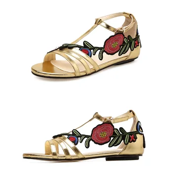 YAERNI Topánky Ženy Móda Mäkké, Ploché Sandále, Topánky Kvet Zlaté Čierna Dizajnér nové topánky lady Luxusné letné sandále plus veľkosť