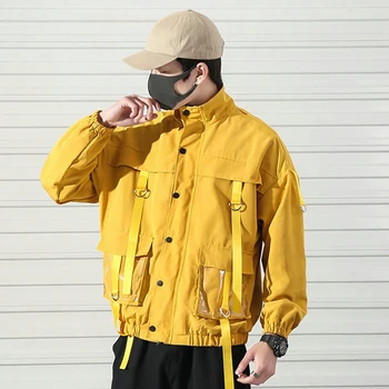 Hip Hop Pevné Vrecká Stuhy Mens Nákladu Bundy 2019 Jeseň Harajuku Topy Streetwear Módy Bežné Bavlna Coats