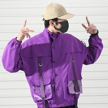 Hip Hop Pevné Vrecká Stuhy Mens Nákladu Bundy 2019 Jeseň Harajuku Topy Streetwear Módy Bežné Bavlna Coats