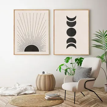Slnko a mesiac Ilustrácia Abstraktnej Maľbe Polovice Storočia Plagáty Neutrálne Farby, Plátno Štýl Art Vytlačí na Stenu Obraz Domova