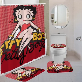 Betty Boop 3D Tlač Sprchový Záves Pad Odolné Tkaniny 4 Kusy Kúpeľňa Závesy Pre Deti Kúpe Sady Wc Kryt Vaňa Mat