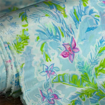 Čerstvé modrá kvetinový&beach tlač čistý hodvábny krep de chine textílie,16momme,54.3