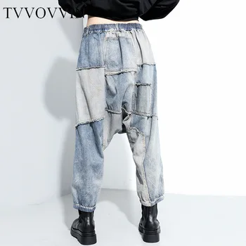 TVVOVVIN Stitched Džínsy Streetwear Módy Plus Veľkosť Elastický Pás Street Fashion Hárem Nohavice Ženy Osobnosti Nové WJ1377
