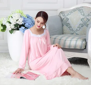 Jar Modálne Dlhý Rukáv Voľné Dlho Nightgown Kórejský Spanie Šaty, Ružové A Biele Princezná Plus Veľkosť Ženy Sexy Sleepwear Odev