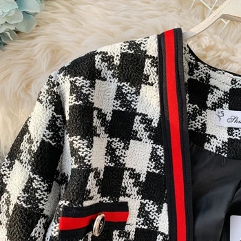 2019 Novej dámskej módy Houndstooth Vlnené Sako Francúzskom Štýle Patchwork Farba Tweed Voľné Sako Dlhým rukávom Cardigan