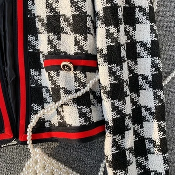 2019 Novej dámskej módy Houndstooth Vlnené Sako Francúzskom Štýle Patchwork Farba Tweed Voľné Sako Dlhým rukávom Cardigan