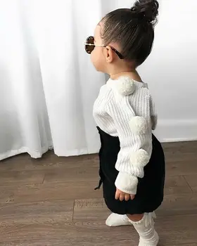 Jeseň Deti Baby Girl Šaty s Dlhým Rukávom Pompom Mikiny+Sukne Bežné 2KS vyhovuje Študent Dievčenské Oblečenie Sady