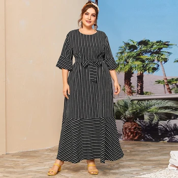 Plus Veľkosť Šaty Letné Ženy 2020 Módne Tri Štvrtiny Rukáv Pruhované Tlač Bežné Šaty Black Volánikmi Maxi Dlhé Šaty