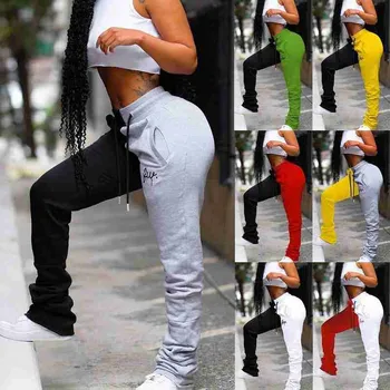 Móda Skladaný Tepláky Ženy Streetwear Joggers Patchwork Farebné Výšivky Vysoký Pás Bežné Nohavice Žena Plus Veľkosť