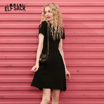 ELFSACK Black Pevné Minimalistický Bežné Pletené Šaty Žien 2020 Jar Nové Červené Čistý Polovičný Rukáv Dámske Riadok kórejský Denné Šaty