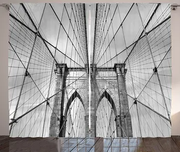 Šírku Záclony USA New York Brooklyn Bridge Panoráma Scenérie Tlač Fotografií Obývacej Izby, Spálne, Okno Závesy Čierna Biela