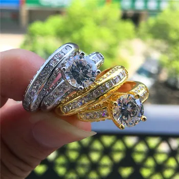 Luxusné Žena Crystal Kolo Kamenný Prsteň Zlatá Farba Farba Svadobné Zásnubný Prsteň Módne Sľub Snubné Prstene Pre Ženy