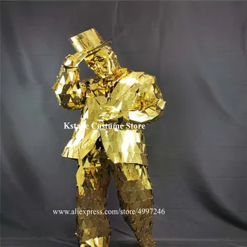 BV7 Robot mužov zlatá farba zrkadlo mužov vyhovovali klub vykonávať pódium nosí zrkadlo tanečné kostýmy disco show bunda dj zrkadlo klobúk oblečenie