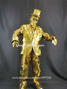 BV7 Robot mužov zlatá farba zrkadlo mužov vyhovovali klub vykonávať pódium nosí zrkadlo tanečné kostýmy disco show bunda dj zrkadlo klobúk oblečenie