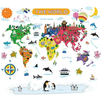 Vacclo Cartoon zvierat sveta siedmich kontinentov samolepky na stenu škôlky, detské izby scény rozloženie nálepky