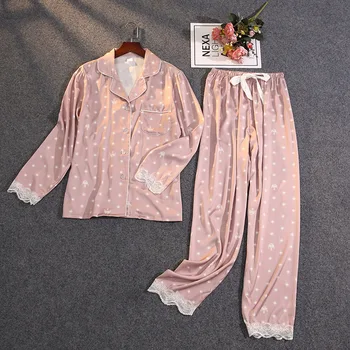 Fiklyc bielizeň dlhé nohavice dámske jeseň pyžamo sady mujer femme sleepwear s čipkou luxusné vytlačené domov vyhovuje sexy dizajn