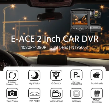 E-ACE B43 Auta DVR Dash Kamera Mini 2 Palcový Dual Objektívom 1080P+1080P Nočné Videnie Sony IMX323 Senzor Dash Cam Video Rekordér Dashcam