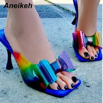 Aneikeh Sexy Farba PVC Butterfly-uzol Námestie hlavu Vysokým Podpätkom Sandále, Papuče Letné Módy Pošmyknúť Na Päty Snímky Ženy Tkaných