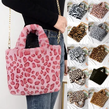Zimné nová módna taška cez rameno žena leopard žena reťazca taška veľké plyšové zimné kabelka Messenger taška mäkké teplé kožušiny taška