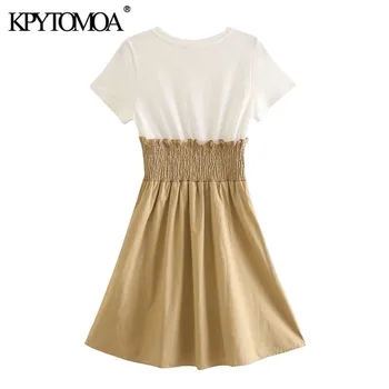 KPYTOMOA Ženy 2020 Elegantný Módy Patchwork Skladaný Mini Šaty Vintage O Krk Krátky Rukáv Elastický Pás Ženské Šaty Vestidos