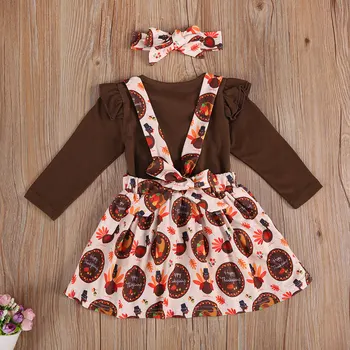 Jeseň Dlhý Rukáv T-shirt Pás Sukne hlavový most Oblečenie Oblečenie 2ks Batoľa Detská Deti Baby Girl Deň Vďakyvzdania Oblečenie Set