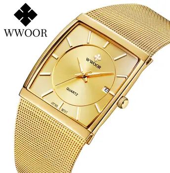 WWOOR Módneho priemyslu náramkové hodinky Pre Mužov Top Značky Luxusné Zlaté Námestie Japan Quartz Hodinky Mužov Slim Oka Ocele, Vodotesné Hodinky