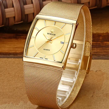 WWOOR Módneho priemyslu náramkové hodinky Pre Mužov Top Značky Luxusné Zlaté Námestie Japan Quartz Hodinky Mužov Slim Oka Ocele, Vodotesné Hodinky