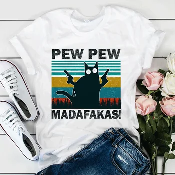 Pew Pew Madafakas Tlačiť T-shirt Ženy Black Cat Gangster S Pištoľou Meme Retro Vtipné Tričko Krátke Rukávy pre Humor Darček Topy Tričko