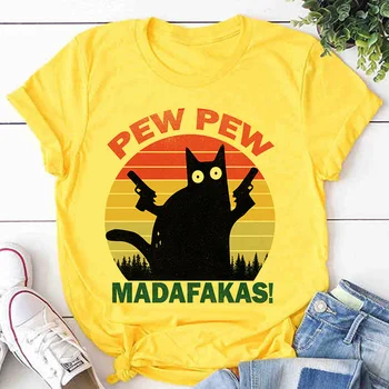 Pew Pew Madafakas Tlačiť T-shirt Ženy Black Cat Gangster S Pištoľou Meme Retro Vtipné Tričko Krátke Rukávy pre Humor Darček Topy Tričko