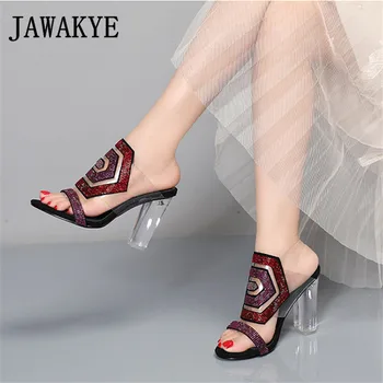 Crystal Geometrické Hexagon Sandále Ženy, otvorené prst Vysokým Podpätkom papuče Transparentné PVC Drahokamu Slingback topánky zapatos mujer
