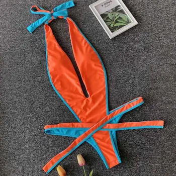 2021 Sexy Obväz Jednodielne Plavky Ženy Hlboké V Halter High Cut Remeň Celých Plaviek Plávať Oblek Pevné Plavky Bodaysuit