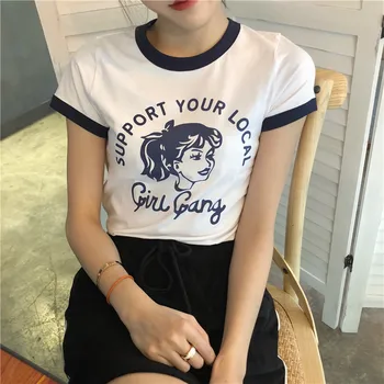Podpora miestneho dievča gang šitie zábava Bavlny O-krku elegantné slim s krátkym rukávom módne cartoon žena Harajuku t-shirt