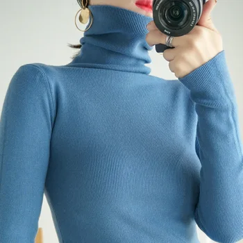 Jesenné a zimné nové cashmere svetre, ktoré sa hromadia vysokým hrdlom žien dlhým rukávom tenký svetre dámske pletené dna