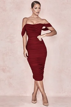 Kvalitné Červené Víno Lomka Krku Bodycon Módne Šaty Strany Elegantné Šaty