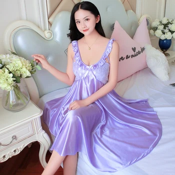 Plus Veľkosť XL XXL Lete Sexy Žena Salónik Sleepwear Hot Dizajn Voľné Žena Ice Hodváb Čipky Princess Palace Fialová Nightgown