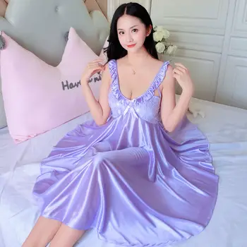 Plus Veľkosť XL XXL Lete Sexy Žena Salónik Sleepwear Hot Dizajn Voľné Žena Ice Hodváb Čipky Princess Palace Fialová Nightgown