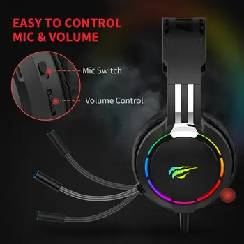 Havit Profesionálne RGB Hráčsky Headset pre Počítač PS4 Herné Slúchadlá, Nastaviteľný Bass Stereo PC Káblové Slúchadlá S Prepínač Mikrofónu