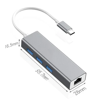 USB Hub, RJ45 10/100Mbps Typu-C 3 Porty Ethernet Sieťová Karta LAN Adaptér Hub Converter pre Windows 7/8/10 Mac OS, Vista, Linux