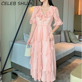 2020 Nové Letné Šaty Žena ružová šifón prehrabať tvaru bežné elegantné dlhé šaty žena strany maxi vestido