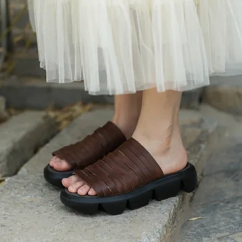 Johnature Ženy Papuče Lete Roku 2020 Nové Originálne Kožené Dámske Topánky Byt S Diapozitívy Ručné Platformu Stručné Dámske Papuče