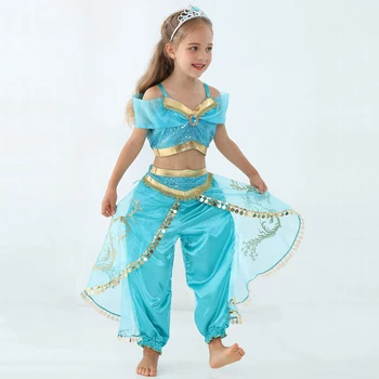 Dievčatá Dieťa Lete Princezná Jasmine Tanečné Šaty, Oblek Aladdin Halloween, Vianočné vystúpenie Kostým Top Sukne, Nohavice Dvoch dielna Sada